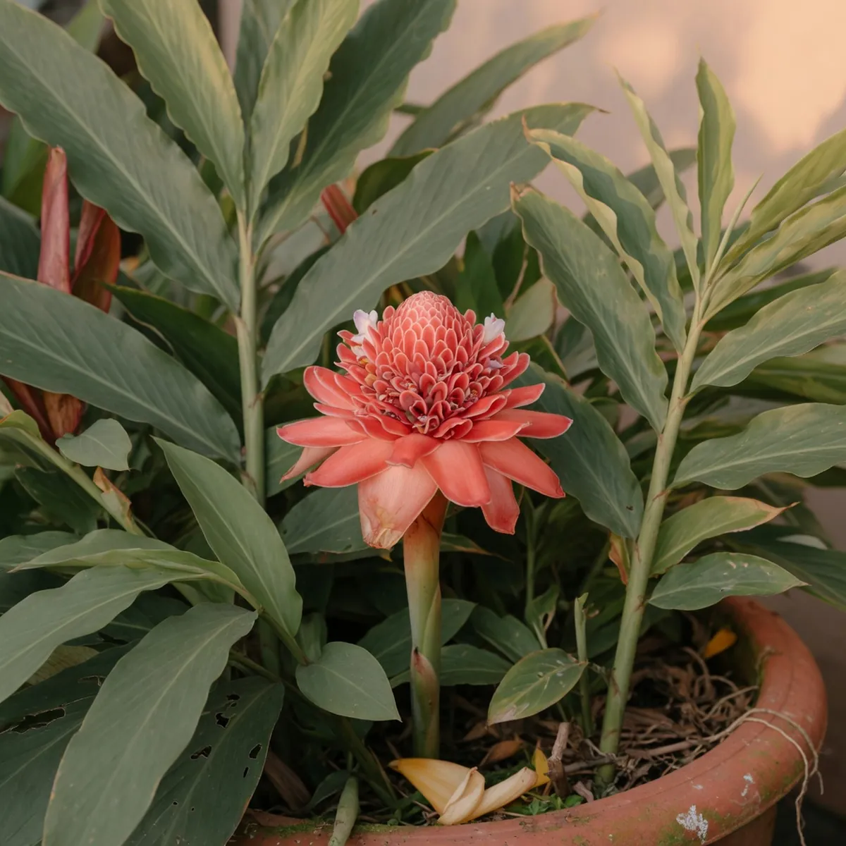 A close-up of a vibrant ginger flower displaying its intricate petal structure and rich coloration.