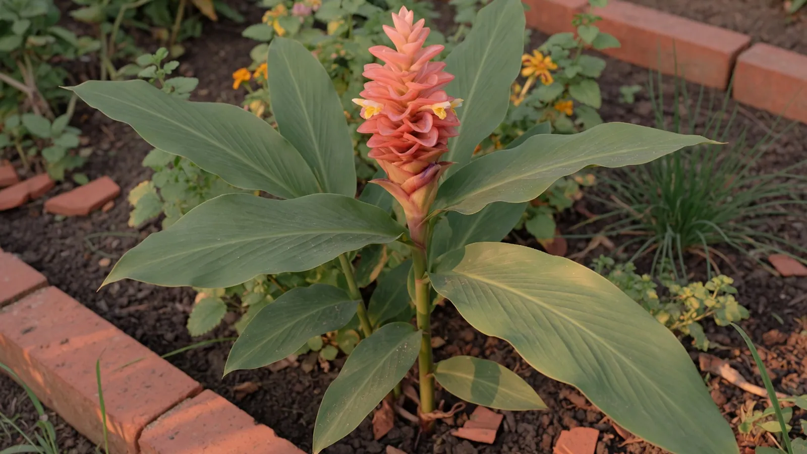 A lush ginger plant showcasing its exotic, colorful bloom in a tropical garden setting.