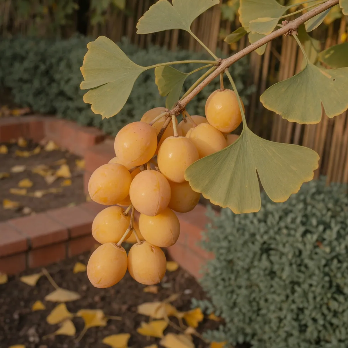 A cluster of translucent yellow-orange ginkgo fruits hanging from a branch among fan-shaped leaves.