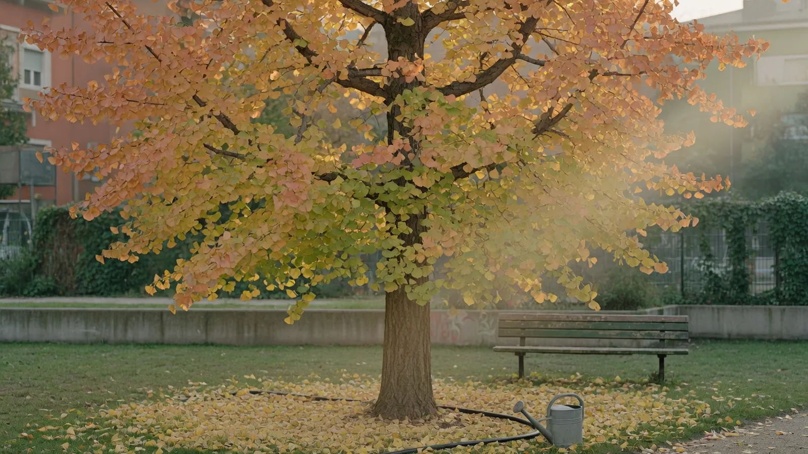 A mature ginkgo tree with a broad canopy of fan-shaped leaves standing in an urban park.