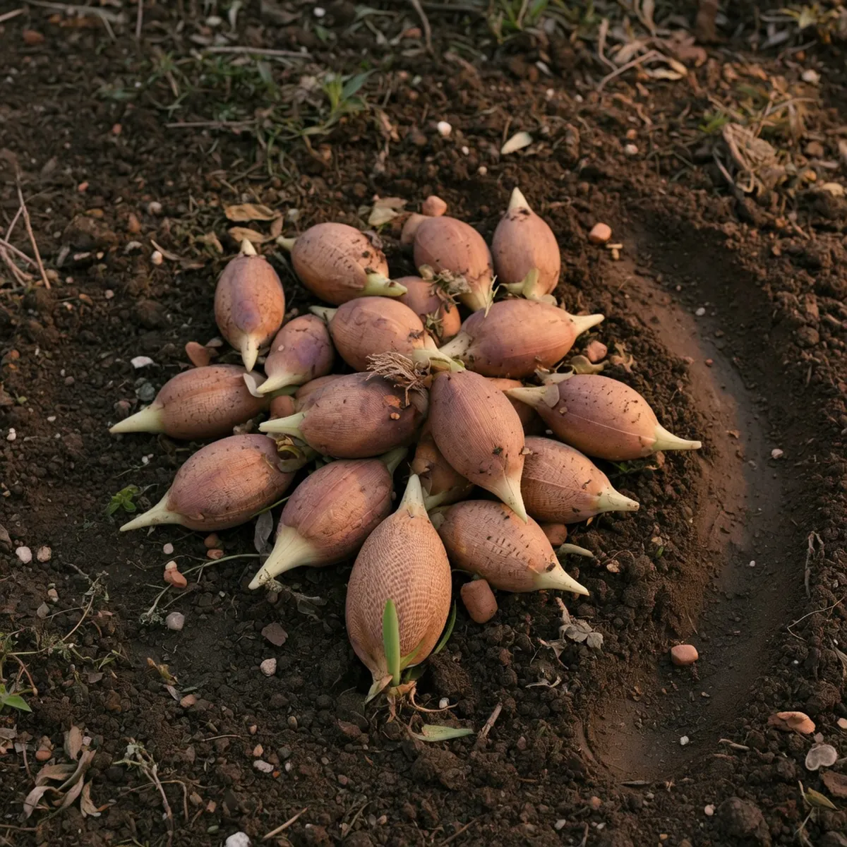 A cluster of healthy gladiolus corms resting on dark, prepared garden soil ready for spring planting.