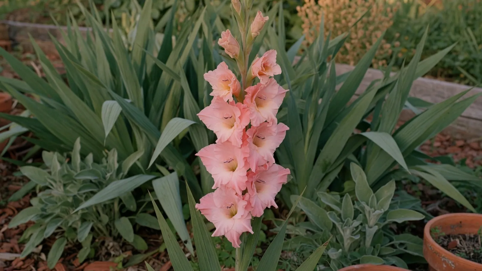 A tall gladiolus flower spike displaying funnel-shaped blooms in shades of pink and white against green foliage.