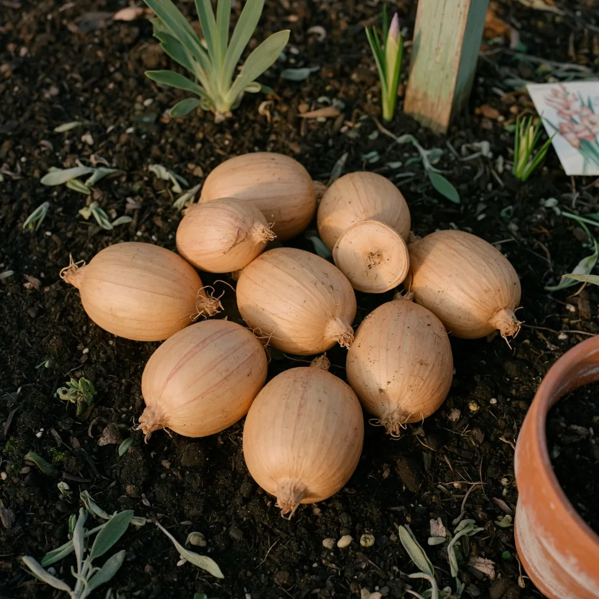 A cluster of healthy, tan gladiolus corms resting on dark, fertile garden soil ready for spring planting.