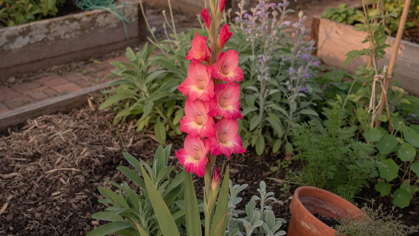 A tall gladiolus flower spike with vibrant pink blooms standing in a sunny garden bed.