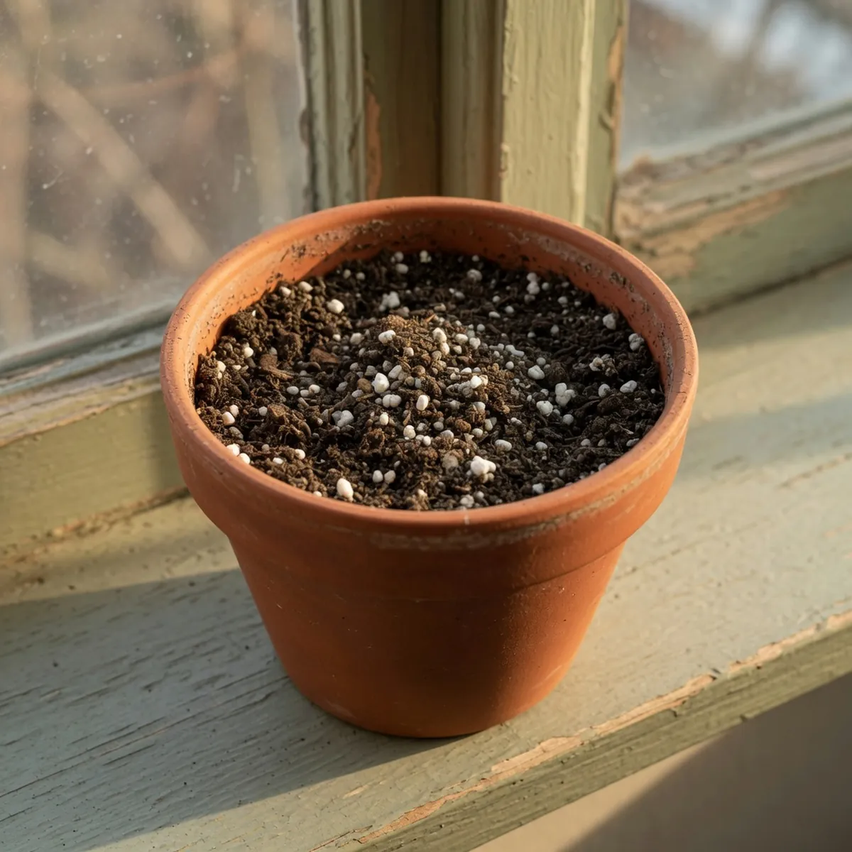 A terracotta pot filled with dark, crumbly sandy soil mixed with visible perlite granules.