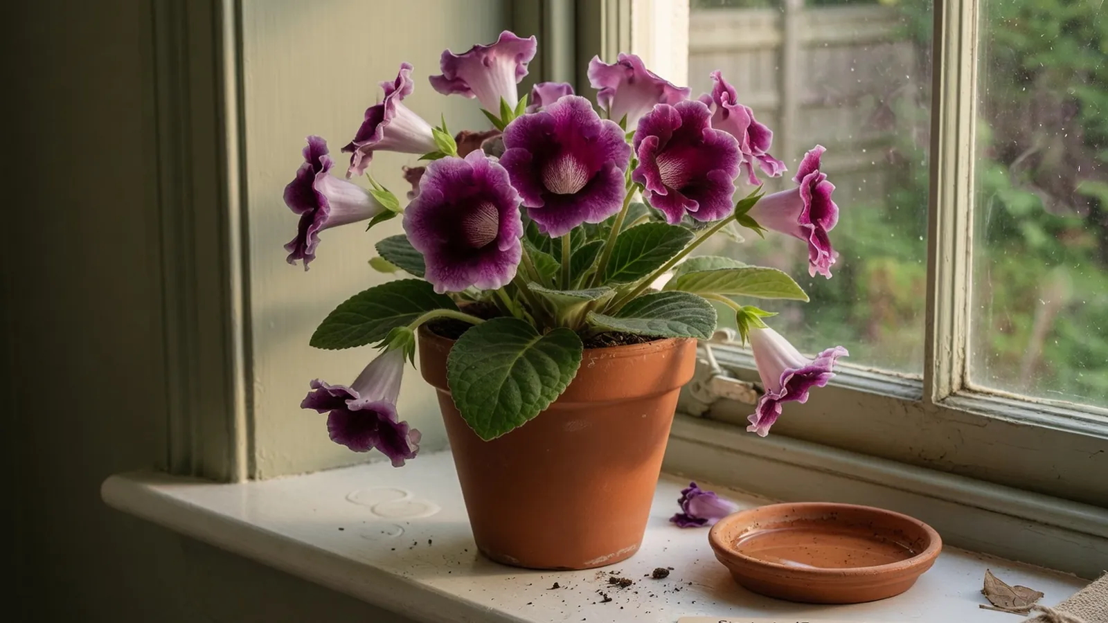 A vibrant gloxinia plant with large, velvety bell-shaped flowers in shades of purple and white.