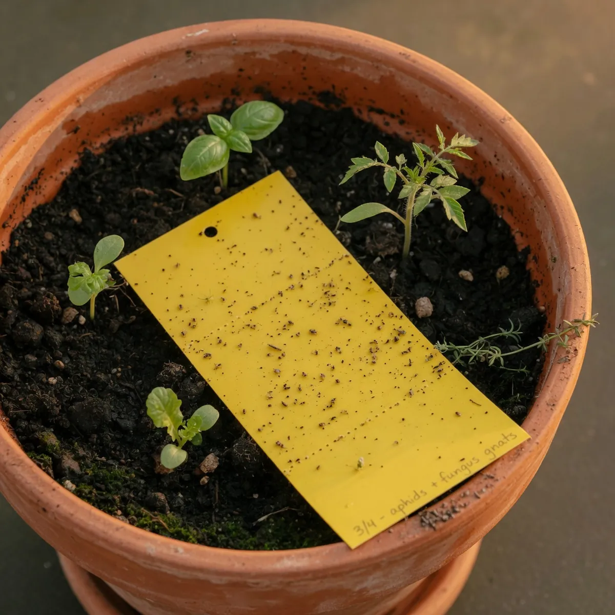A yellow sticky trap placed flat on the soil of a potted plant to catch adult gnats.