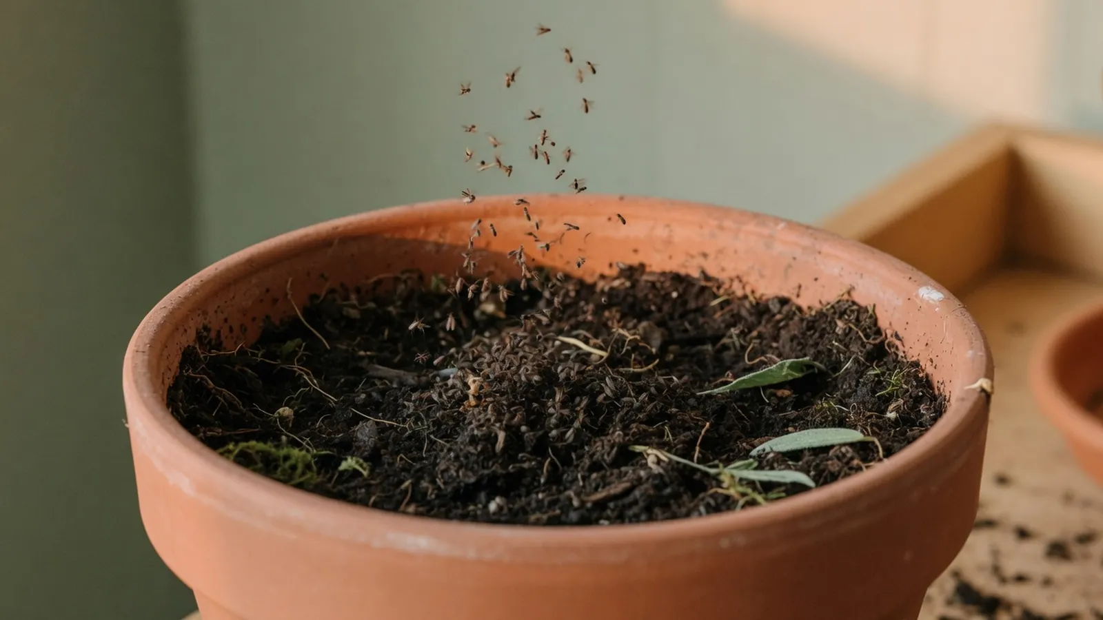 Tiny dark gnats hovering above the moist soil of a potted plant.
