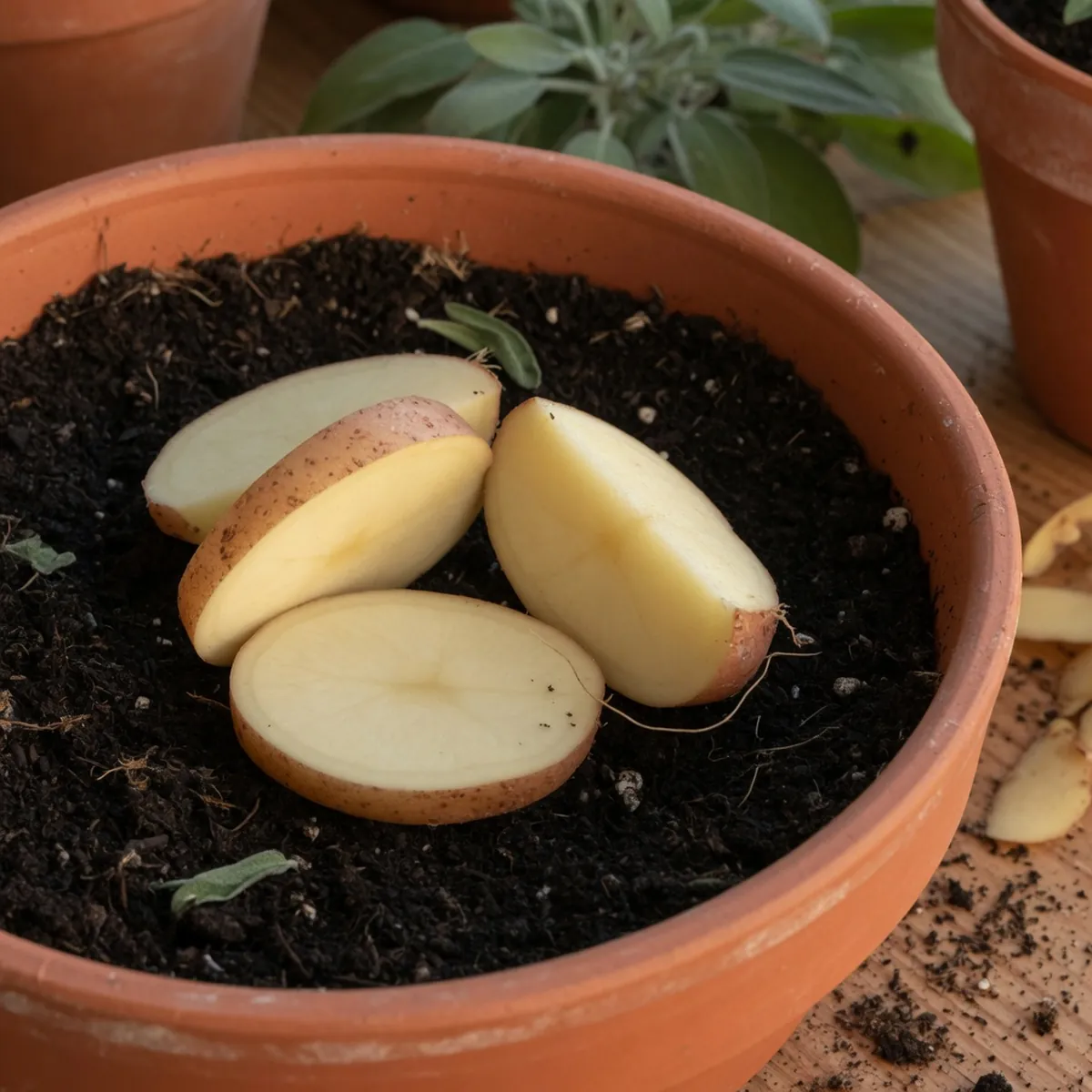Sliced raw potatoes resting on the dark surface of a potted plant's soil.
