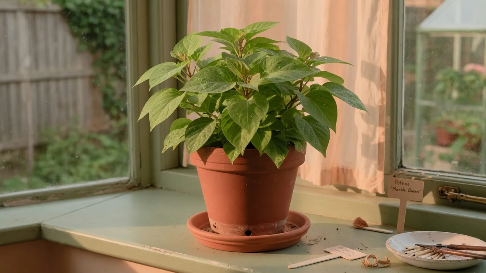 A healthy green houseplant in a terracotta pot sits on a bright windowsill.