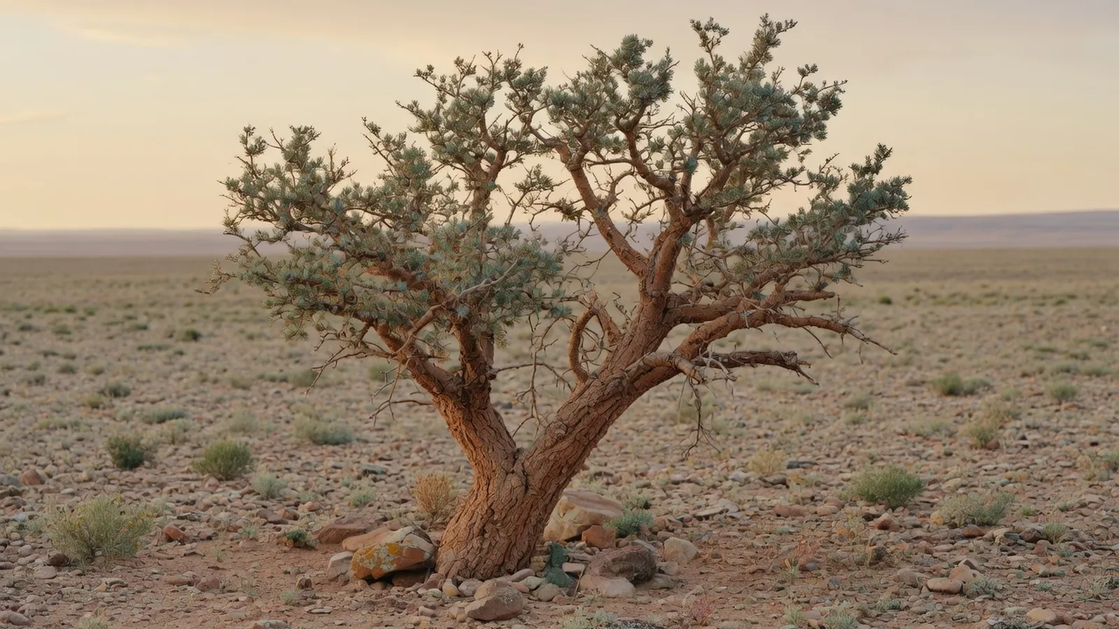 A solitary saxaul tree growing on a rocky plain in the Gobi desert.