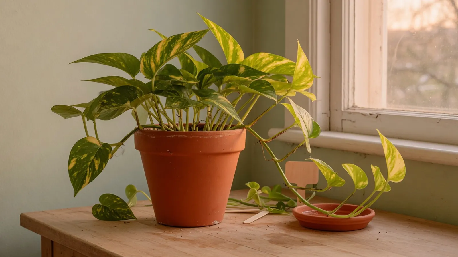 A potted golden pothos plant with glossy heart-shaped leaves showing distinct golden-yellow variegation on a wooden surface.