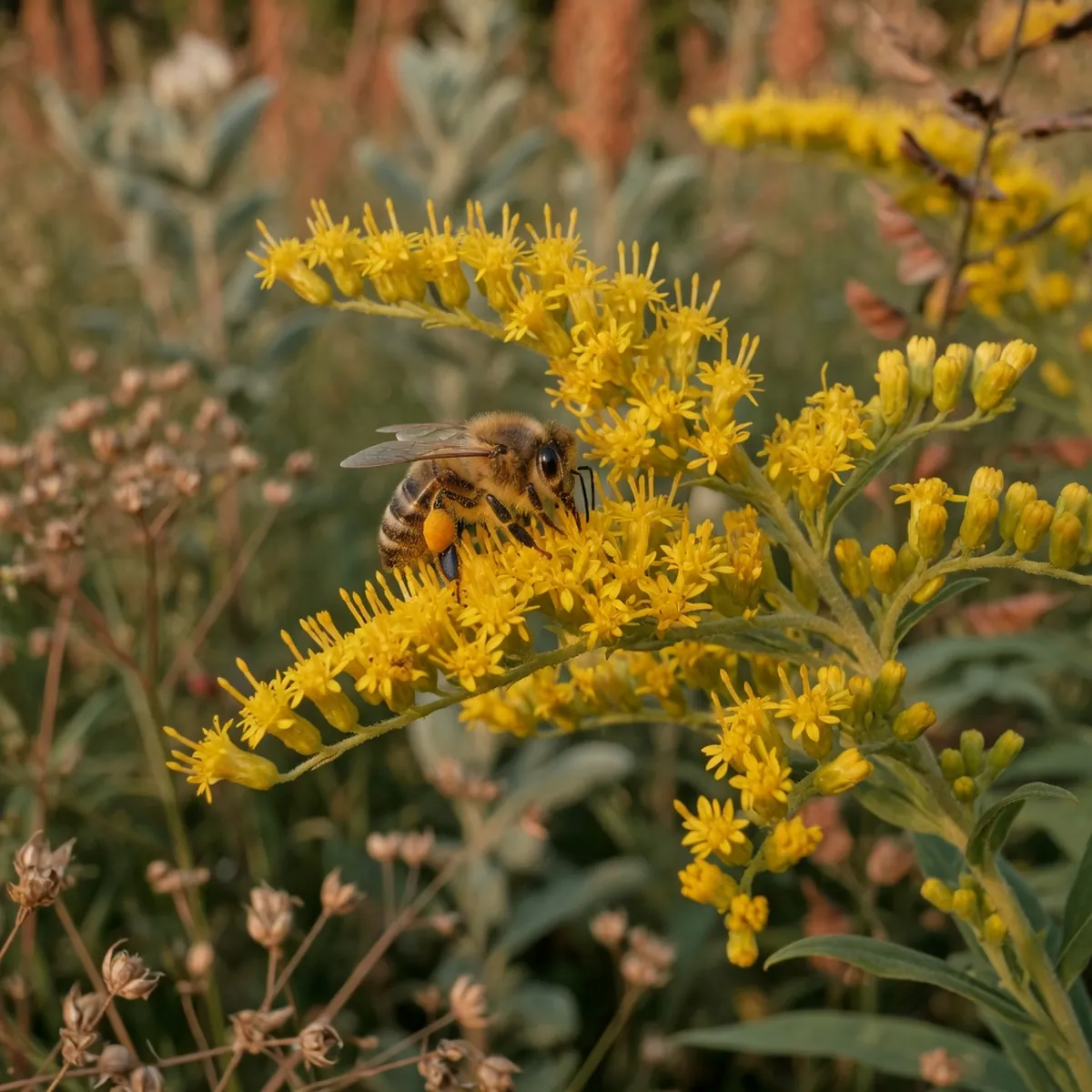 A honeybee gathering pollen from a bright yellow goldenrod flower.