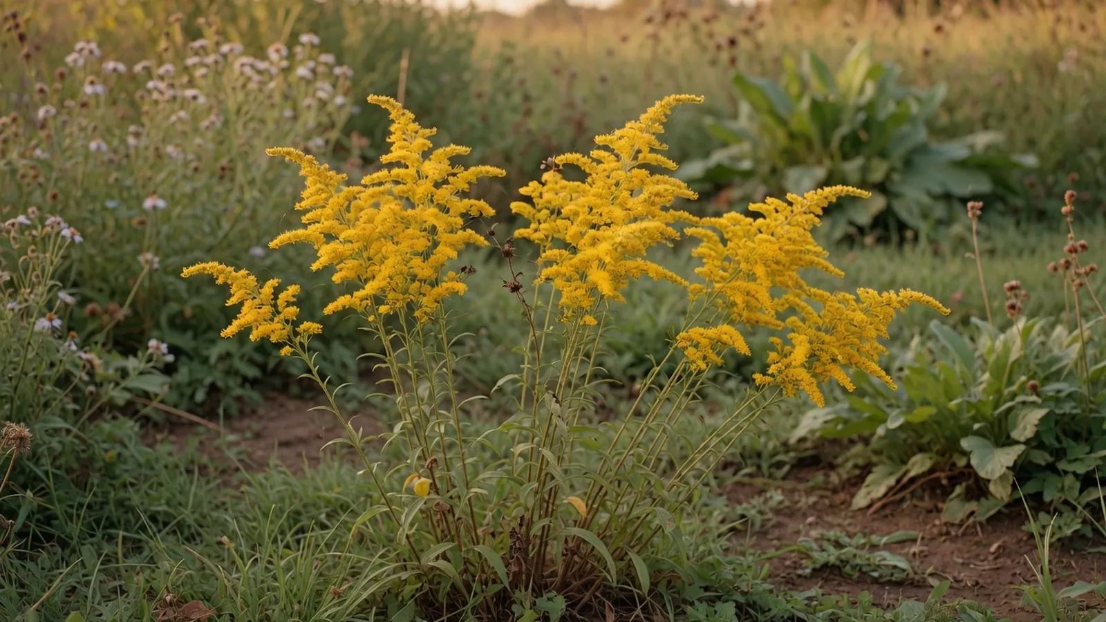 A cluster of bright yellow goldenrod blooms in a sunlit meadow.