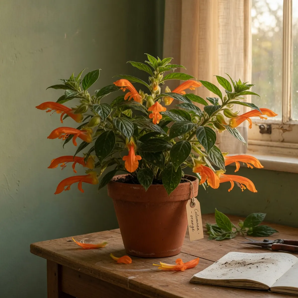 Vibrant orange goldfish plant flowers blooming among glossy green leaves.