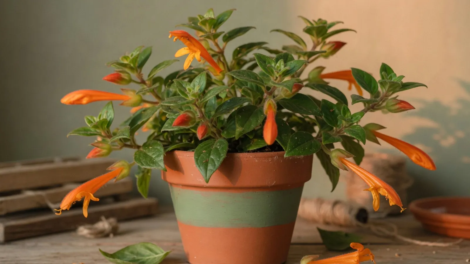 A lush goldfish plant with bright orange flowers and glossy green leaves.