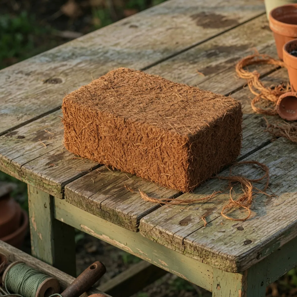 A compressed rectangular block of brown coconut coir resting on a weathered wooden garden table, with a few loose fibrous strands scattered nearby.