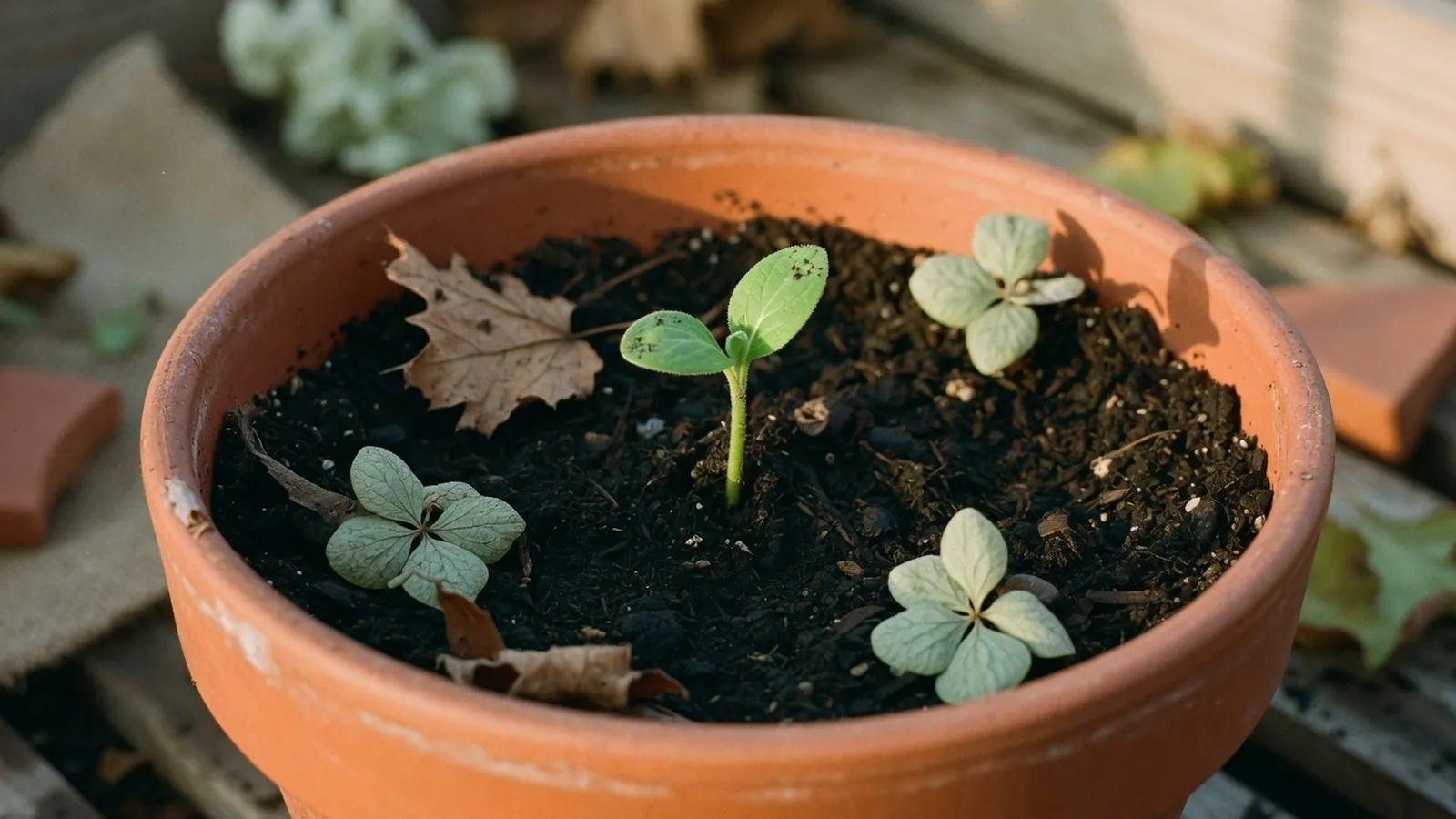 A small green seedling emerging from rich, dark compost soil in a terracotta pot, with a few dried leaves scattered on the surface.