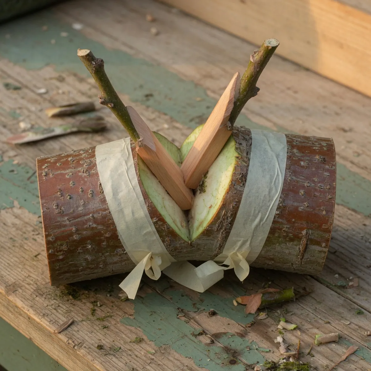 Two tapered scion wood pieces inserted into a split rootstock trunk and secured with grafting tape.