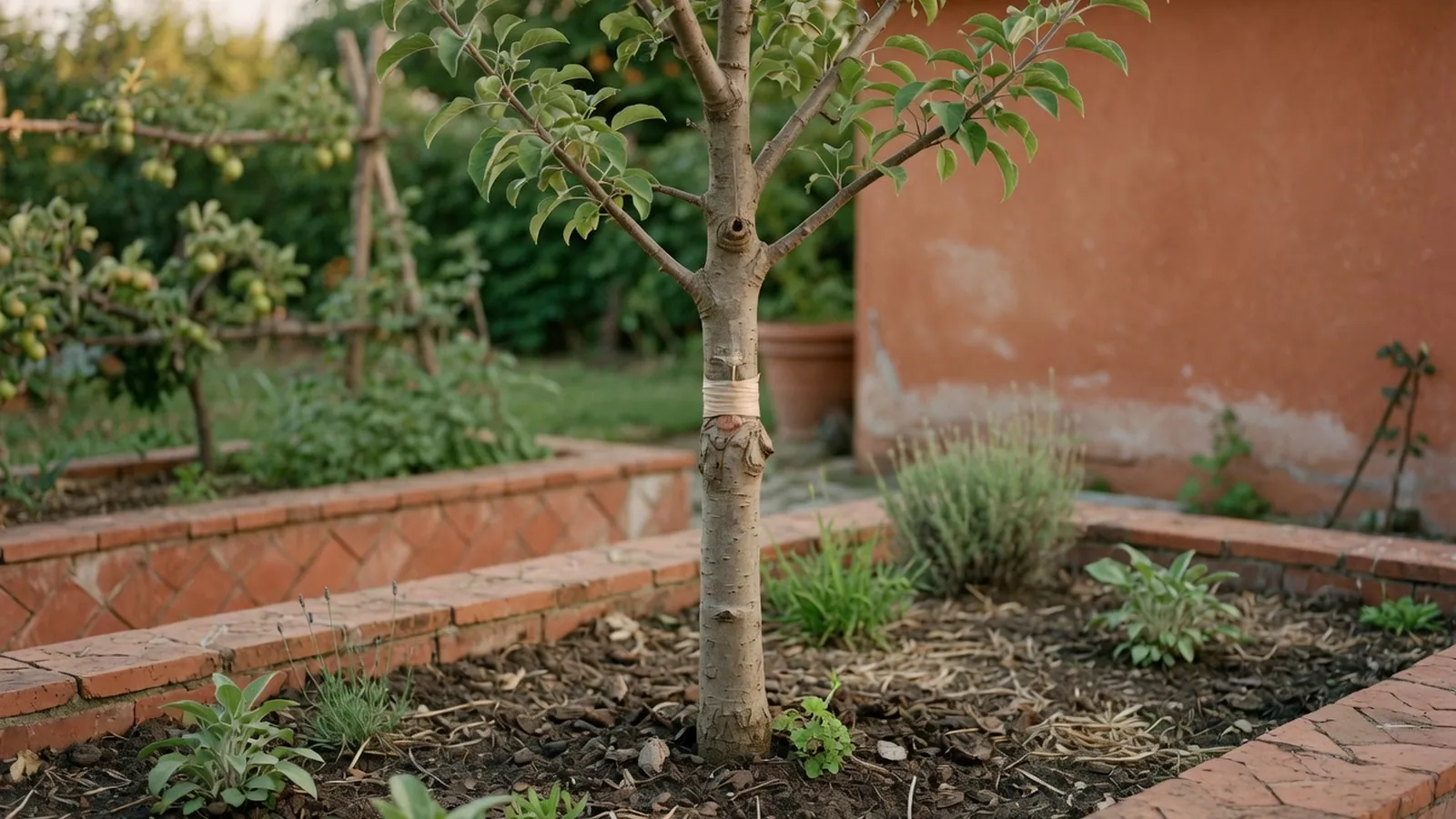 A young apple tree showing a healthy graft union on its trunk in a garden setting.