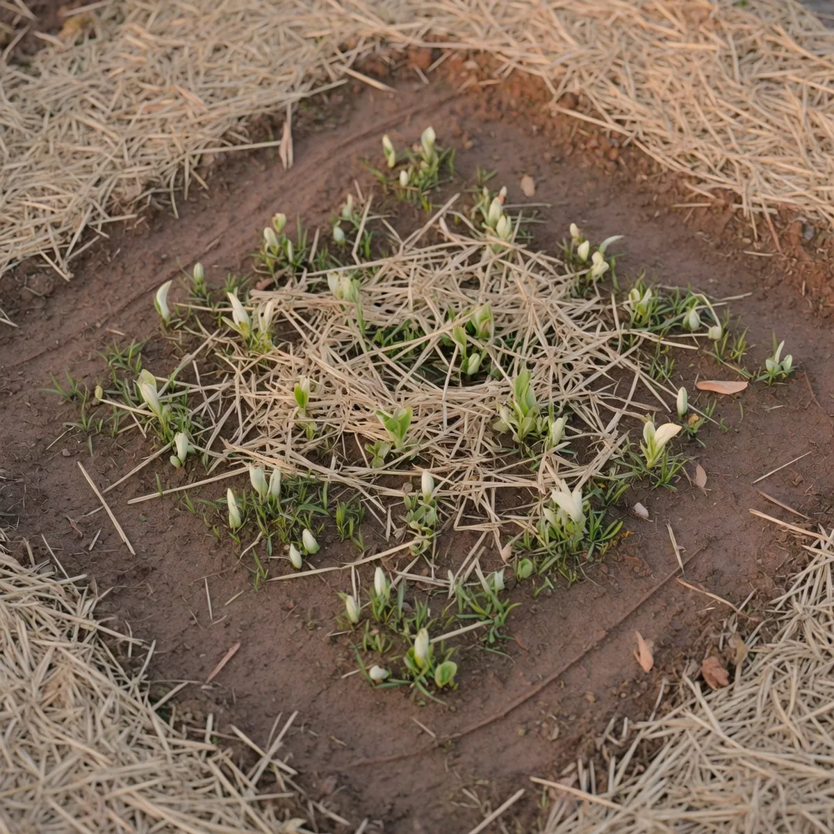 Tiny green grass shoots emerging through a light layer of straw mulch on prepared soil.