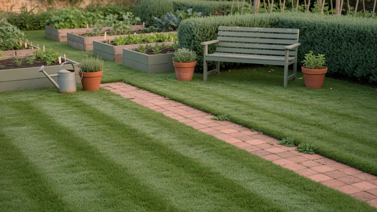 A lush, evenly cut green lawn stretching across a quiet garden space.