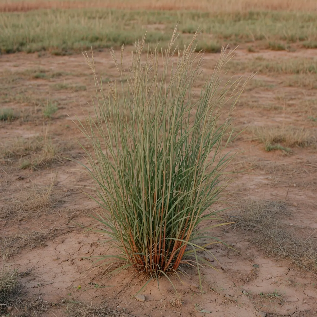 A tall clump of big bluestem grass with sturdy central stems rising from dry prairie soil.