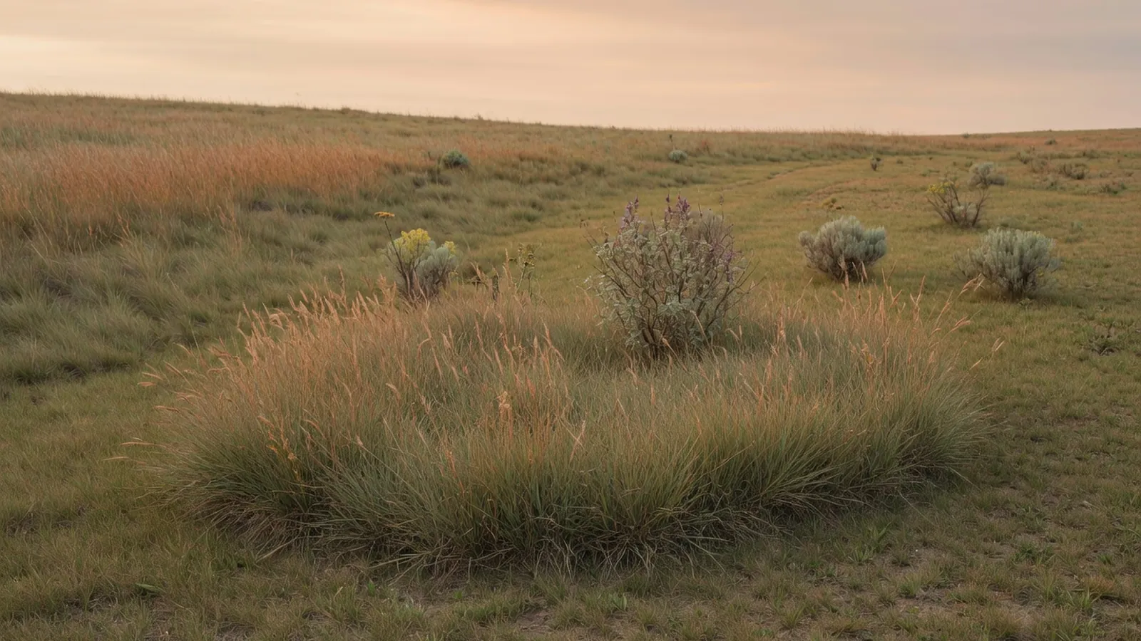 A wide expanse of native grassland vegetation with scattered low shrubs under a clear sky.