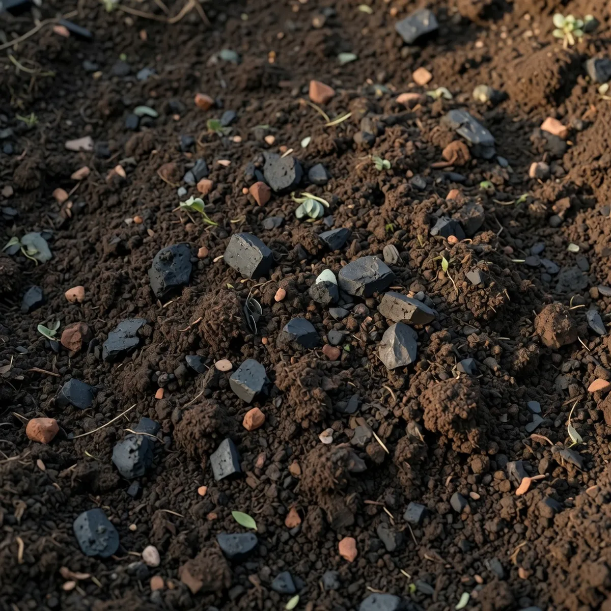 Rich, dark garden soil mixed with organic compost and small pieces of charcoal in a planting bed.