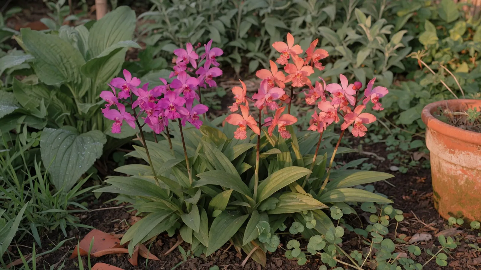 A cluster of vibrant ground orchid blooms rising from lush green foliage in a garden bed.