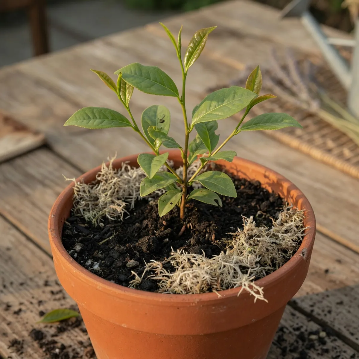 A young green tea plant growing in a terracotta pot filled with dark, rich soil and topped with sphagnum moss.