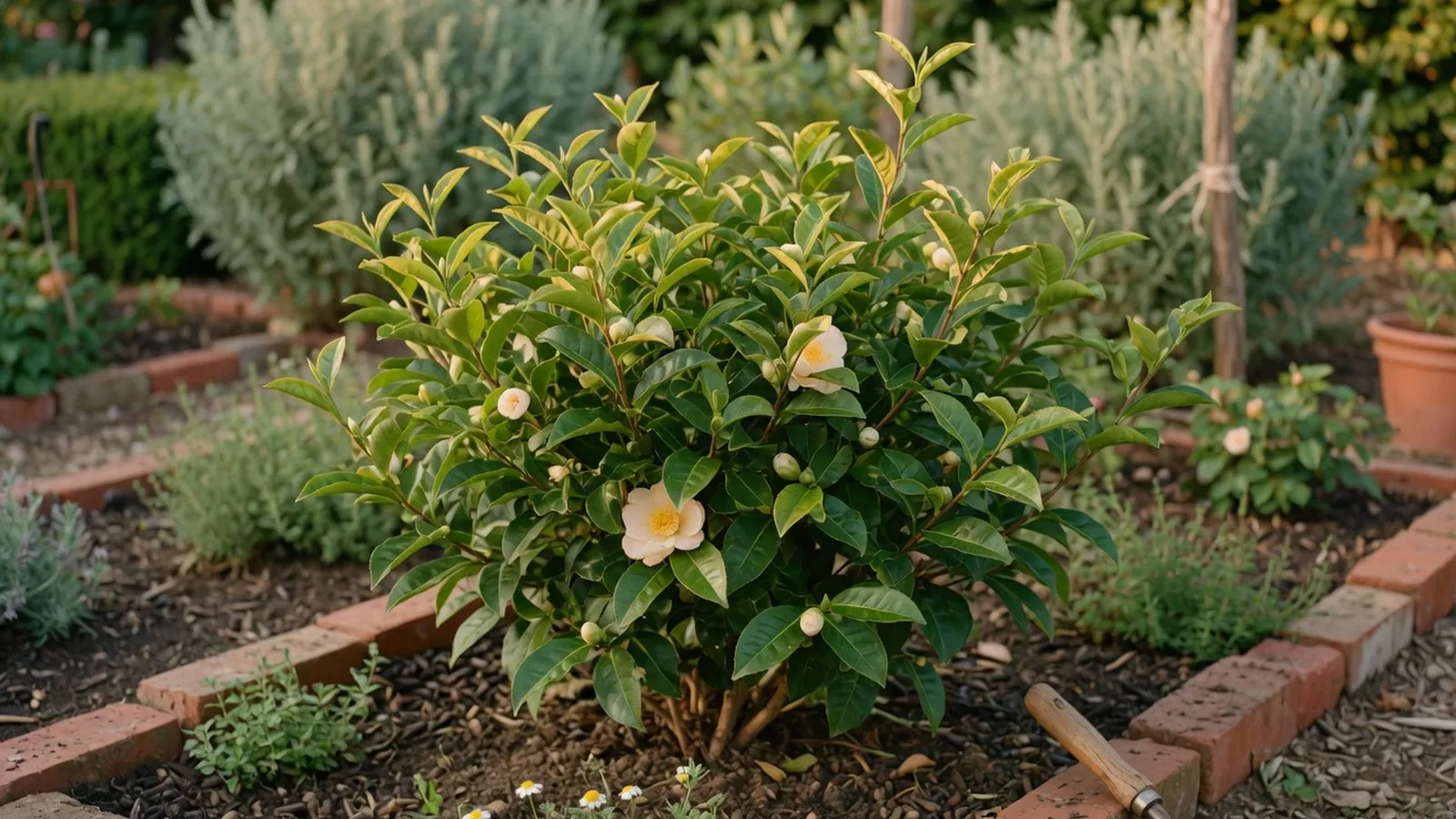 A close-up of fresh green tea leaves on a branch of a Camellia sinensis plant in a garden setting.