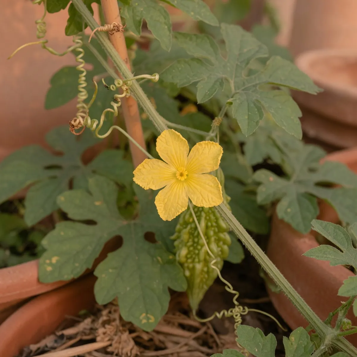 A close-up of a bitter melon vine showing curly tendrils and a single bright yellow flower.