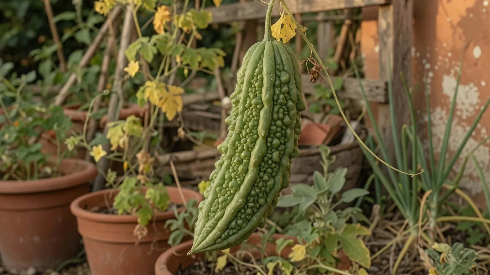 A mature bitter melon hanging from a vine, showing its oblong shape and knobbly green skin.