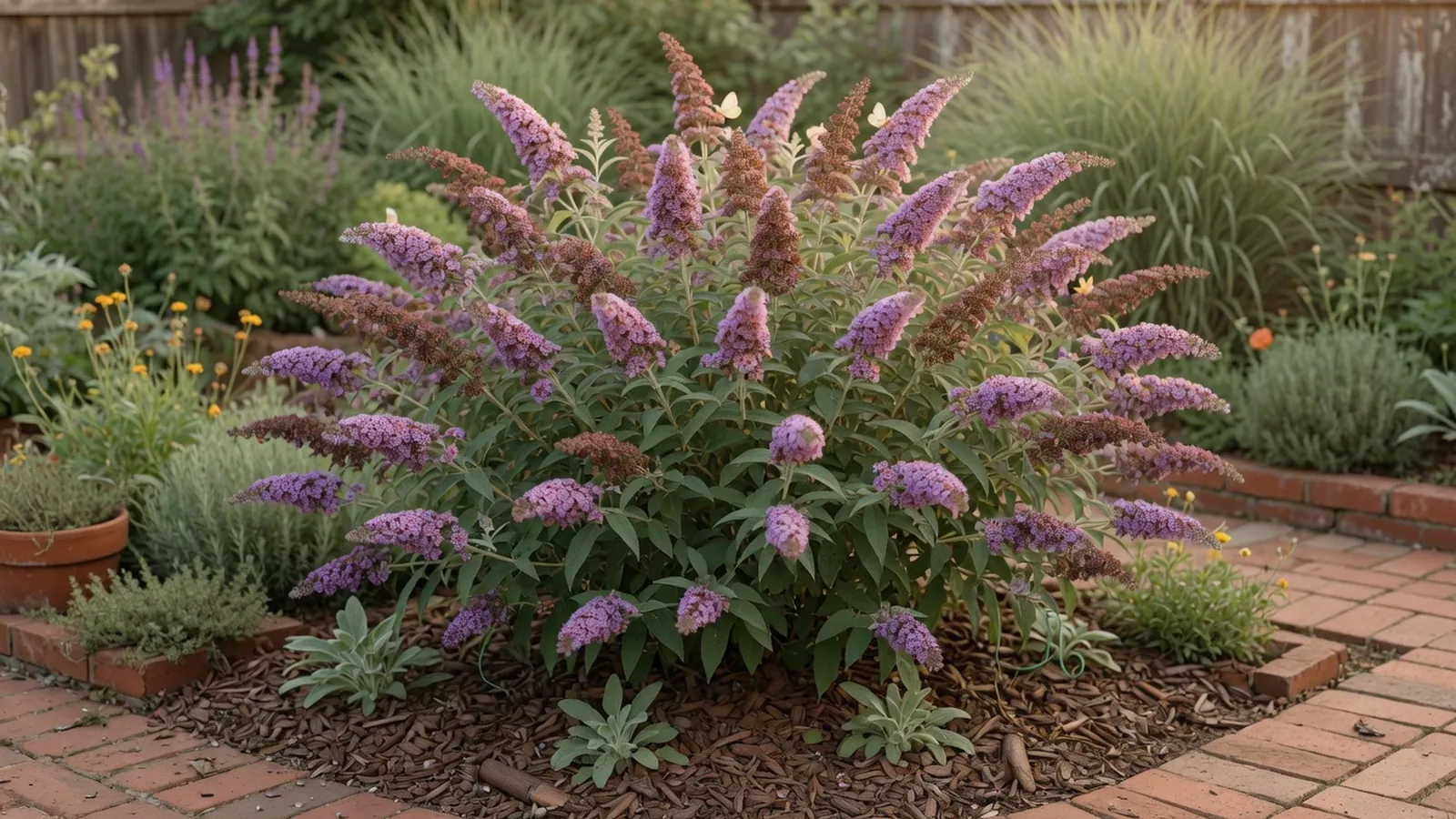 A lush garden scene featuring a blooming butterfly bush surrounded by greenery and wildflowers.