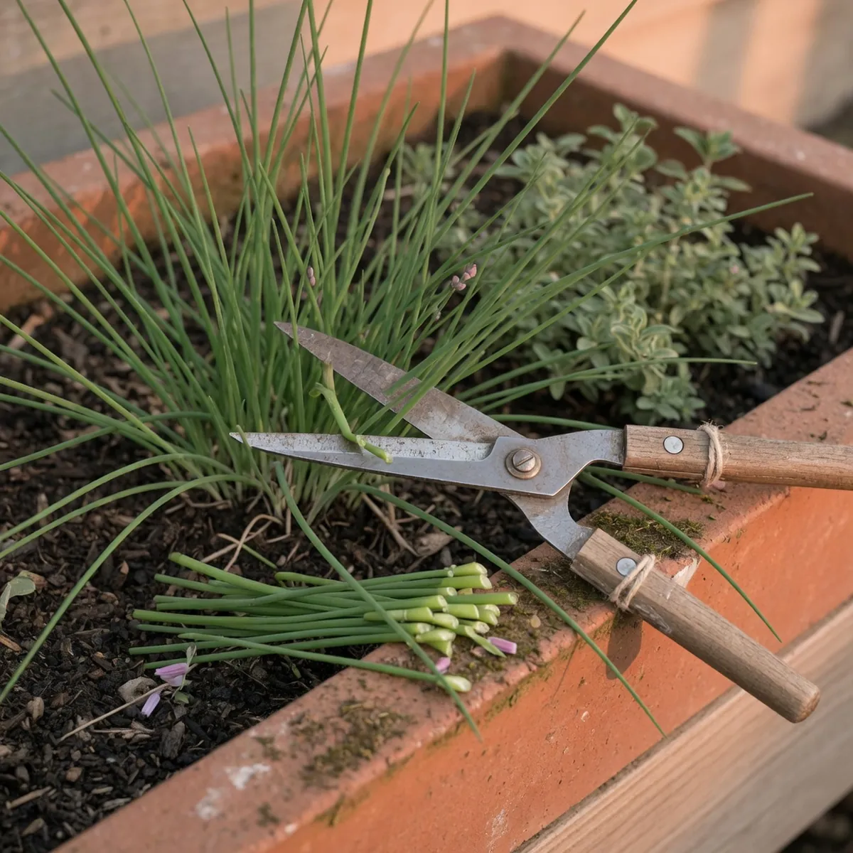 A pair of metal garden scissors trimming green chive stems while leaving a short stub above the soil.