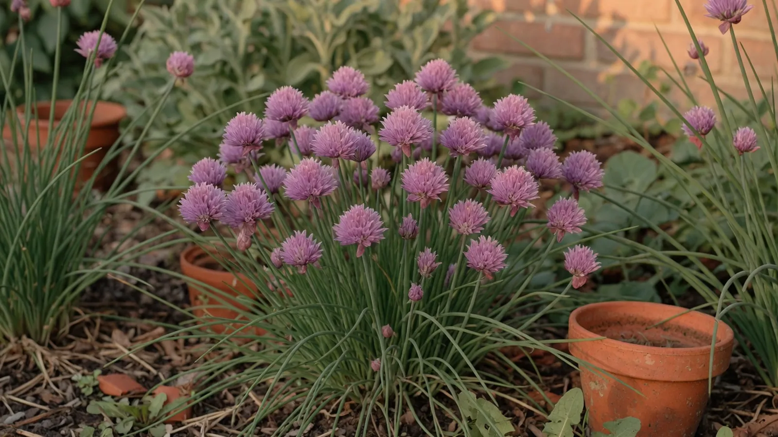 A cluster of vibrant purple chive flowers blooming among slender green leaves in a garden bed.