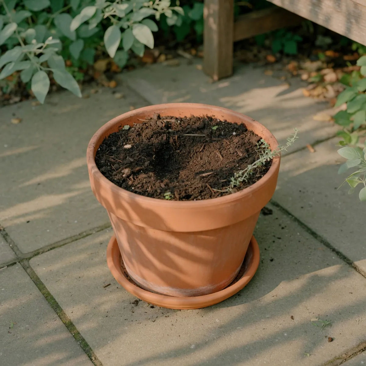 A terracotta pot filled with dark potting soil ready for planting cilantro seeds.