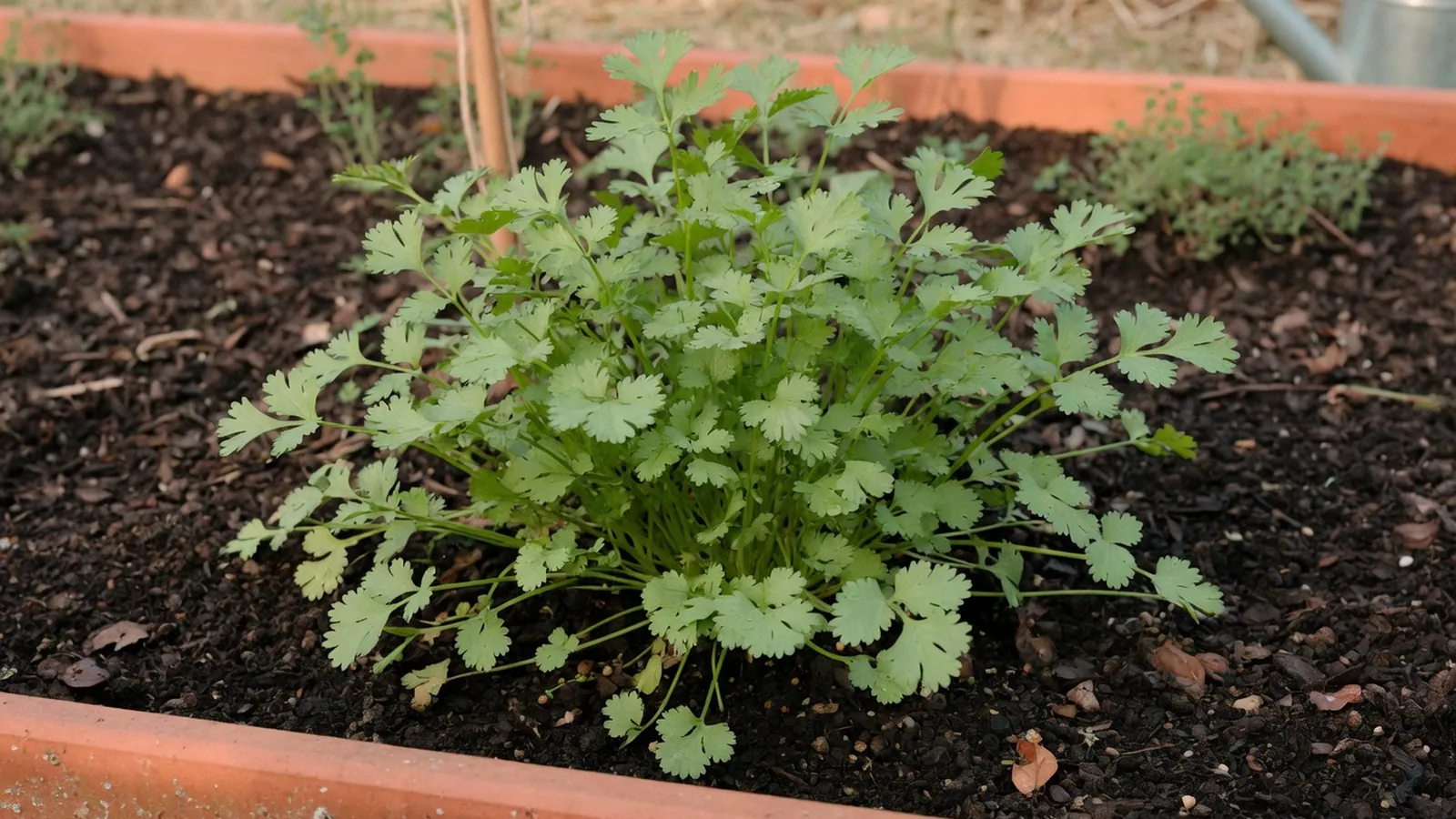 Fresh cilantro leaves with delicate stems growing in a garden bed.