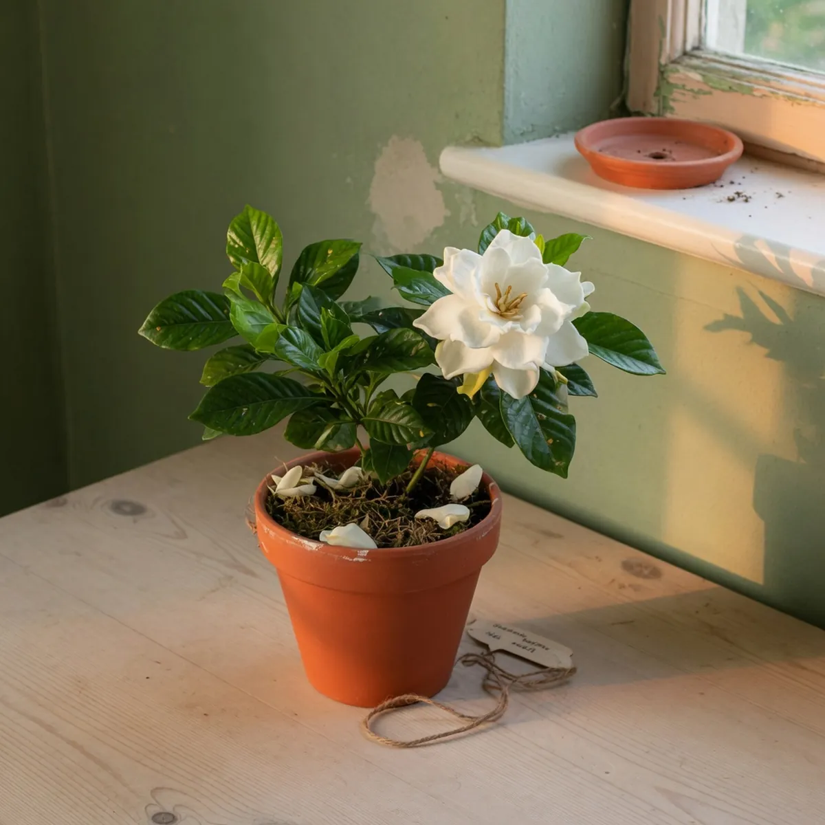 A potted gardenia plant with glossy dark green leaves and a single white flower sits on a wooden table.