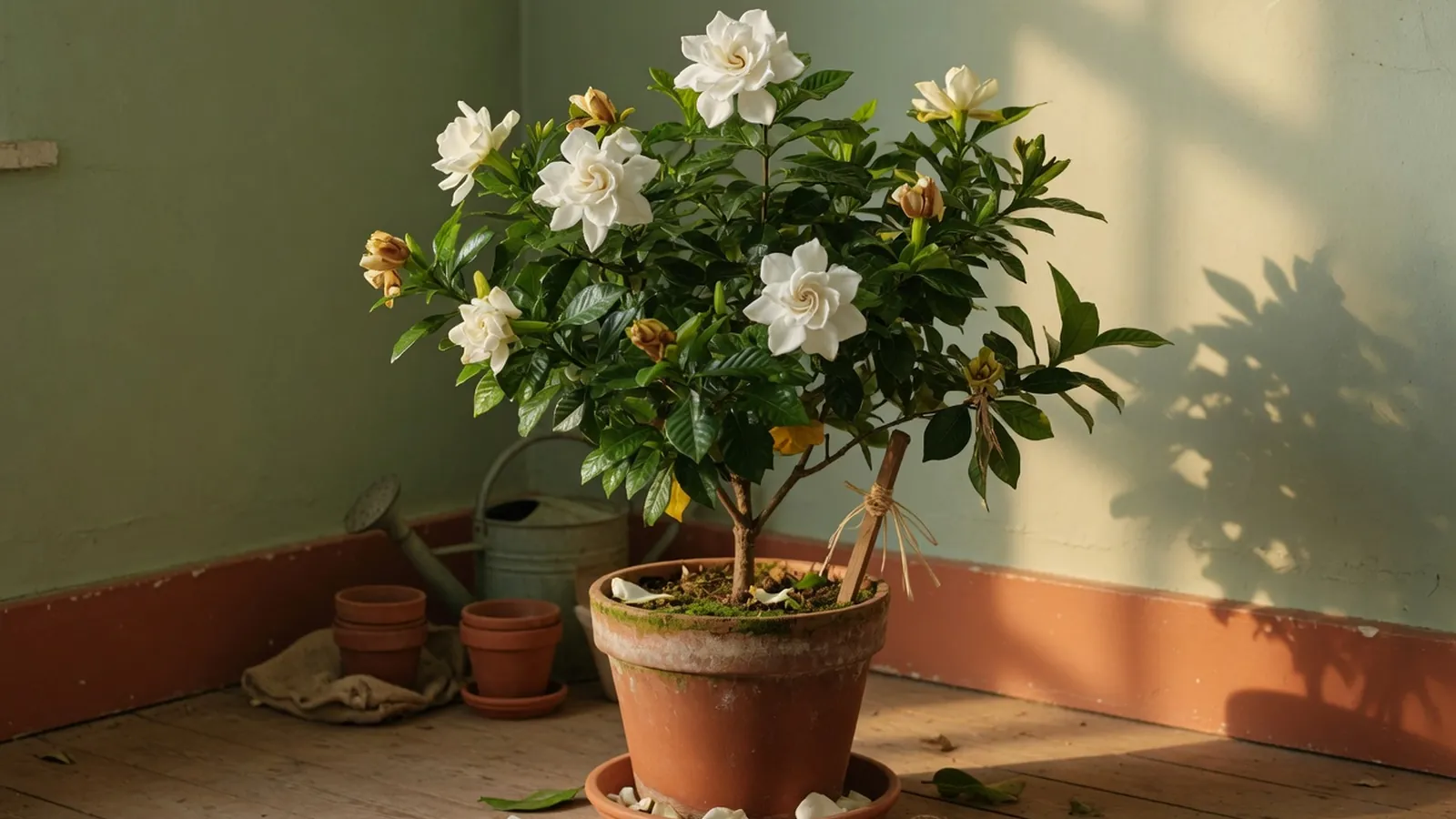 A healthy gardenia shrub with glossy leaves and white flowers thriving in a bright indoor setting.
