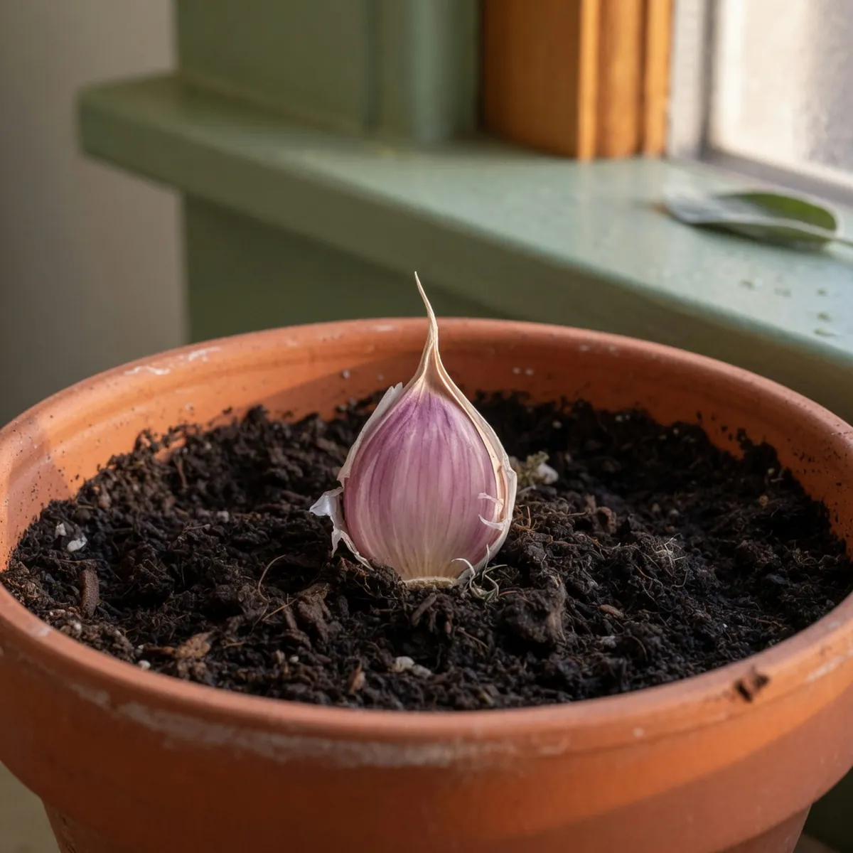 A single garlic clove planted vertically in dark potting soil inside a shallow container.