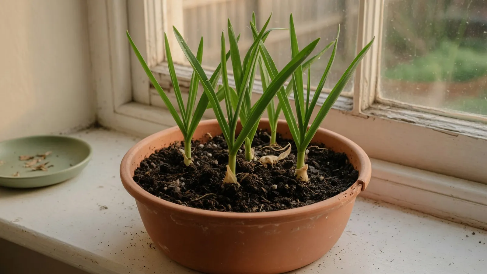 Fresh green garlic shoots emerging from rich soil in a home container.
