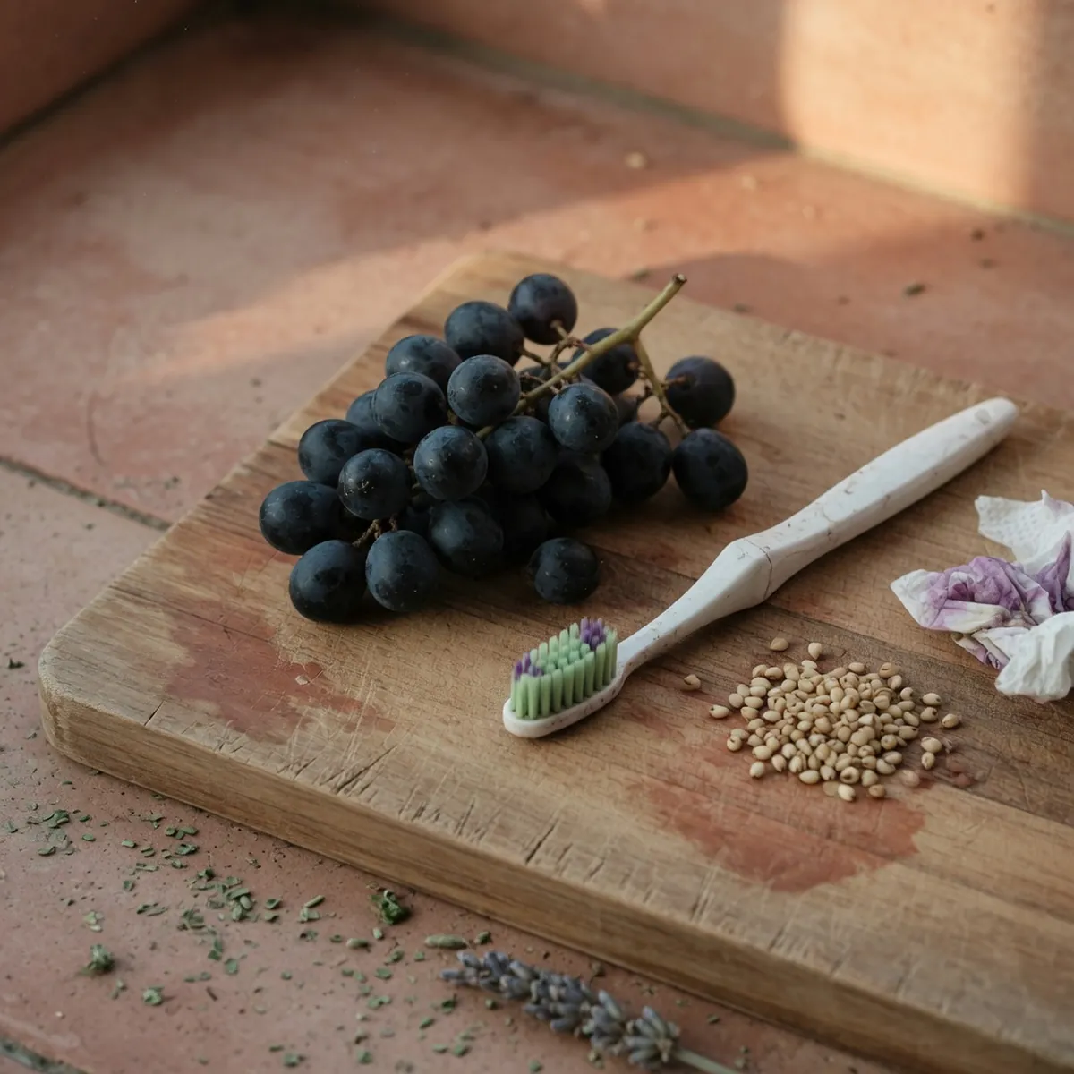 A cluster of dark purple grapes resting on a wooden cutting board beside a soft-bristled toothbrush and cleaned seeds.