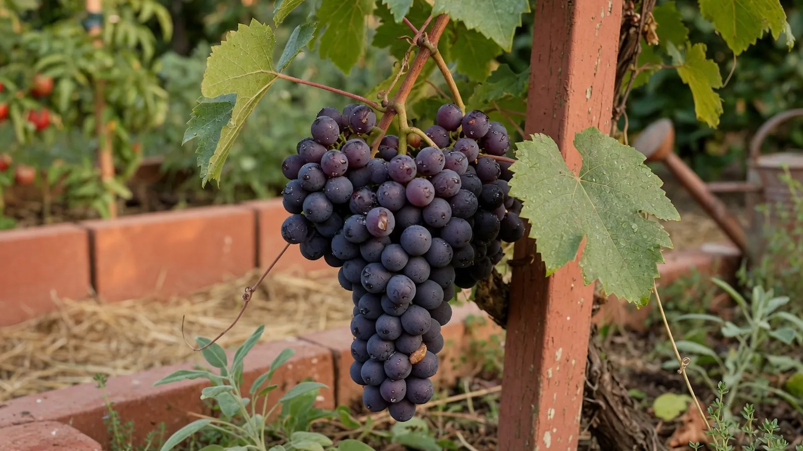 A heavy cluster of ripe purple grapes hanging from a leafy vine in a sunlit garden.