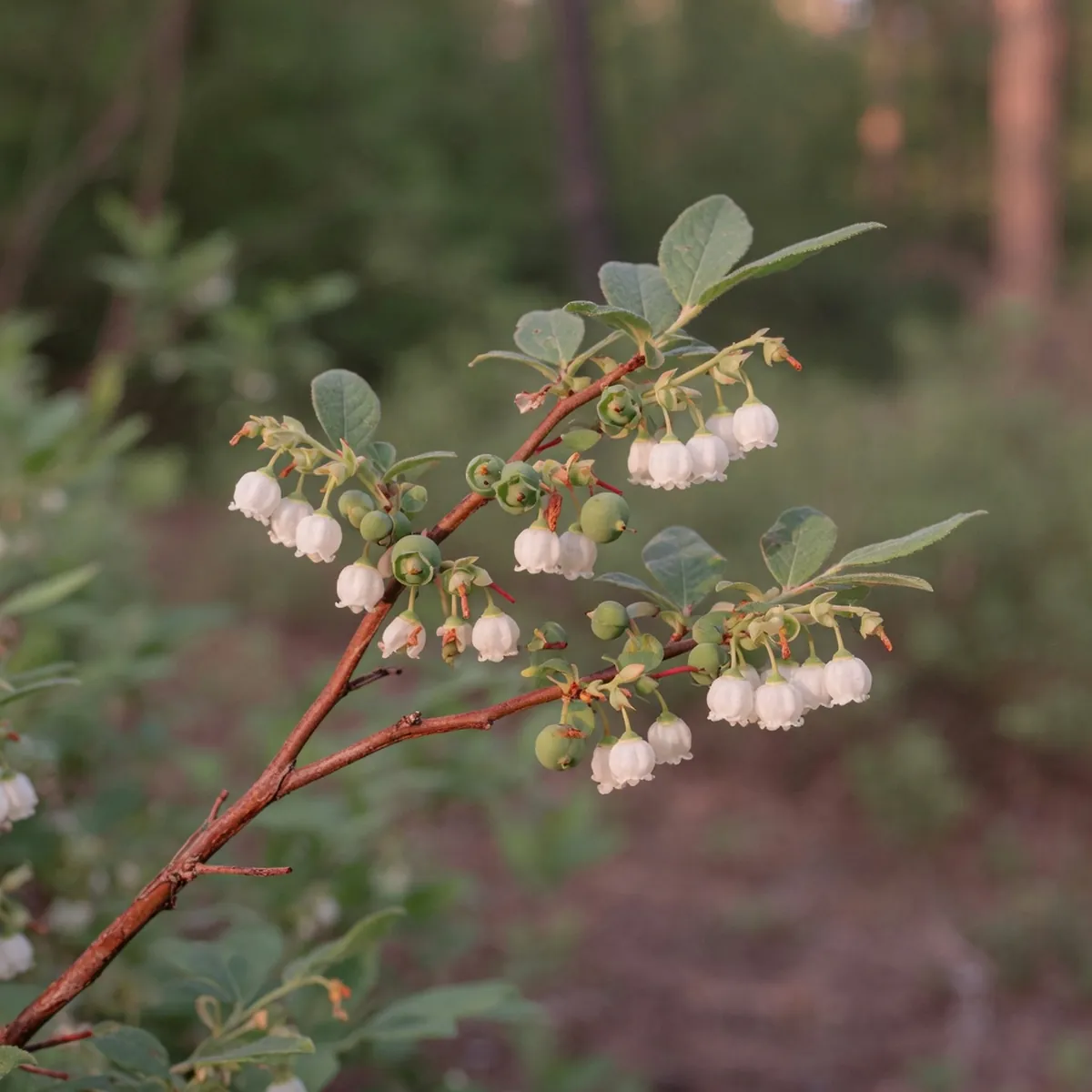 A huckleberry bush branch showing small white bell-shaped flowers and developing green fruits in a garden setting.