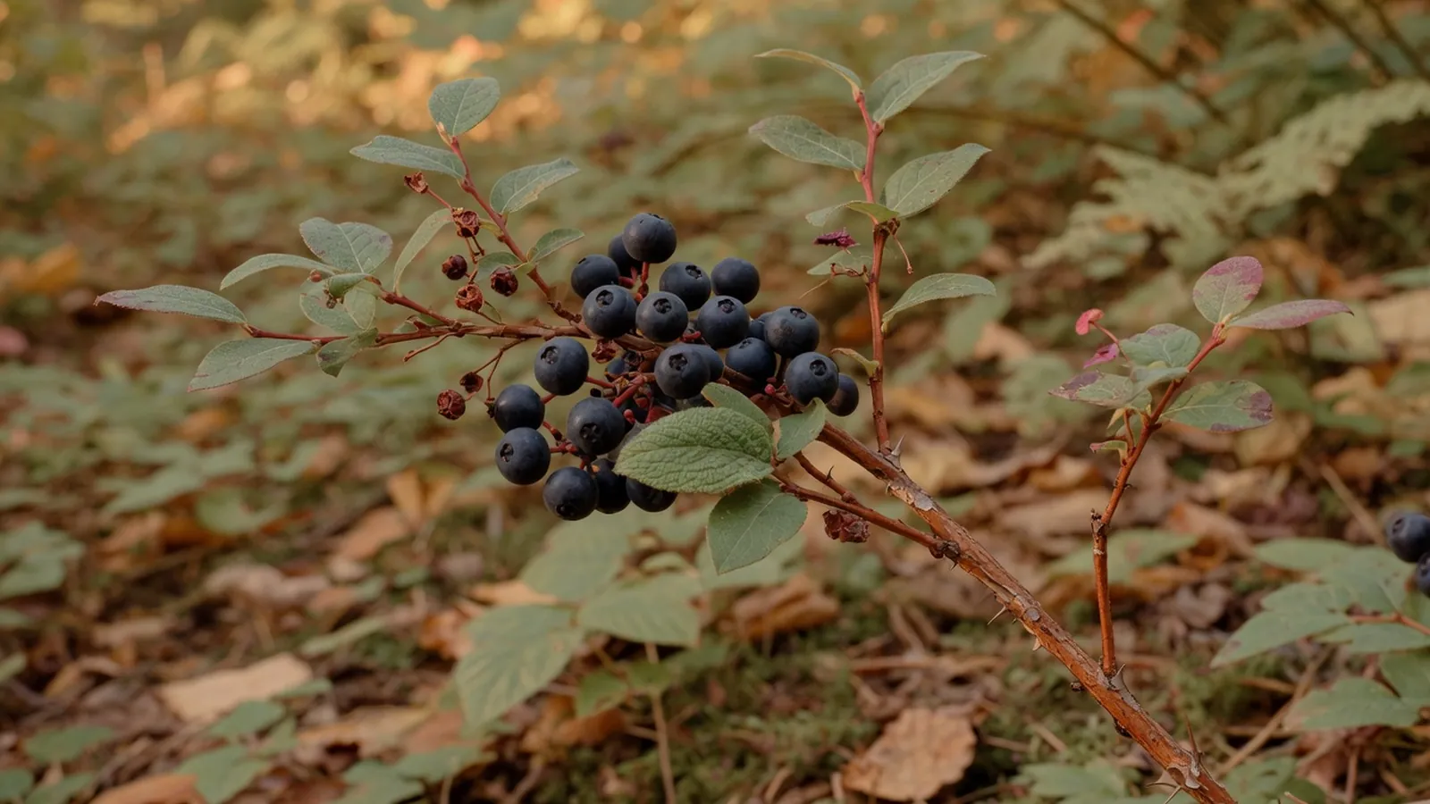 A cluster of ripe dark purple huckleberries on a green shrub branch in a natural woodland setting.