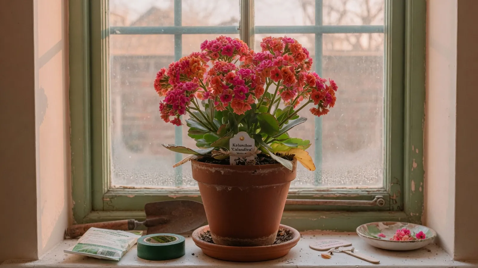 A potted Kalanchoe plant displaying vibrant clustered flowers on a bright indoor windowsill.