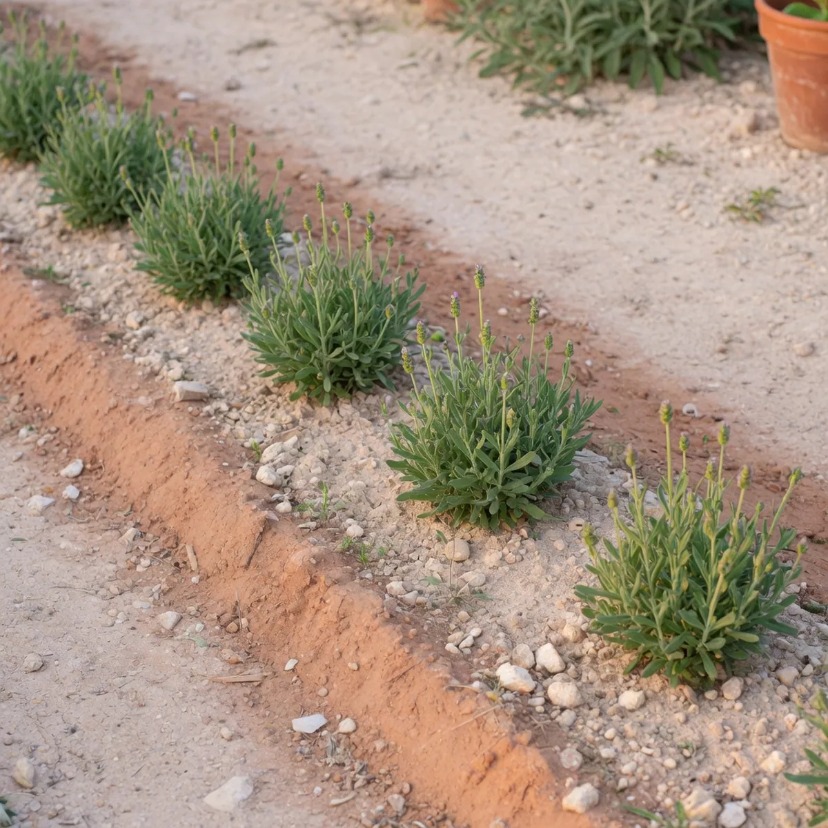 Young lavender plants growing in well-drained alkaline soil under bright sunlight.