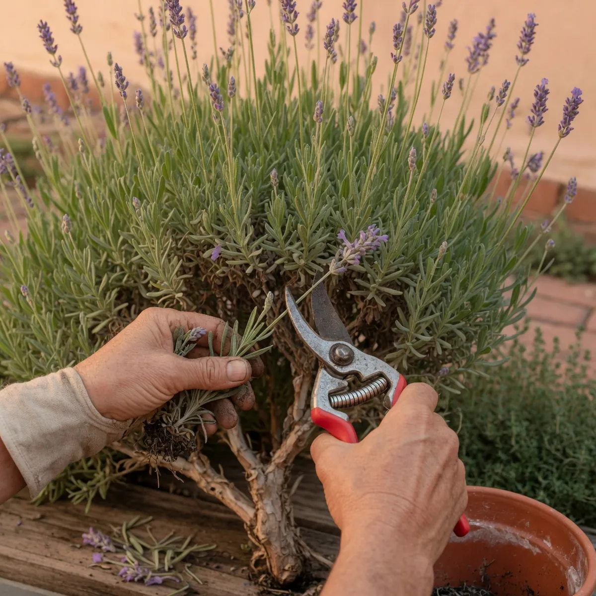Hands carefully pruning a lavender bush with shears to preserve green leaves.
